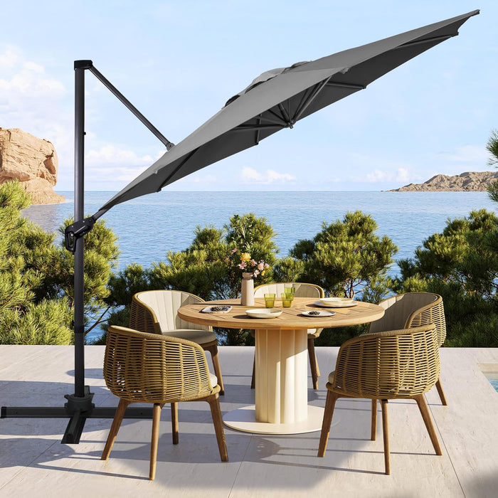 10Ft Cantilever Patio Umbrella, 360° Rotation & Integrated Tilting System Offset Umbrella with 8 Sturdy Ribs, Fade-Resistant & Waterproof for Garden Backyard Poolside Deck