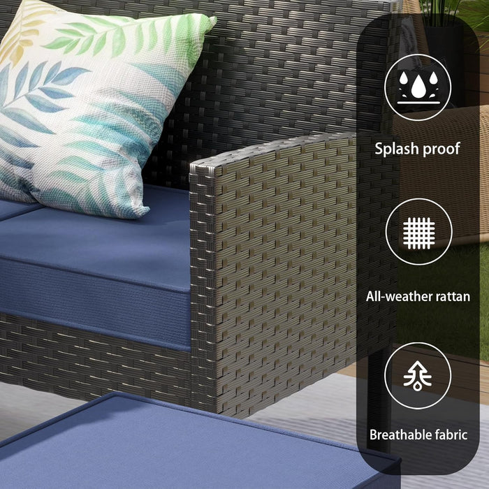 Small Space Patio Furniture Set 7-Piece, Outdoor Sectional Sofa with Waterproof Cushions, Space-Saving Backyard Furniture Set, Glass Table, Perfect for Patio, Garden, Balcony, Dark Blue.