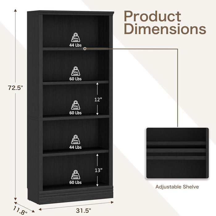 5-Tier Standard Bookshelf, Adjustable Shelves, 72.5"