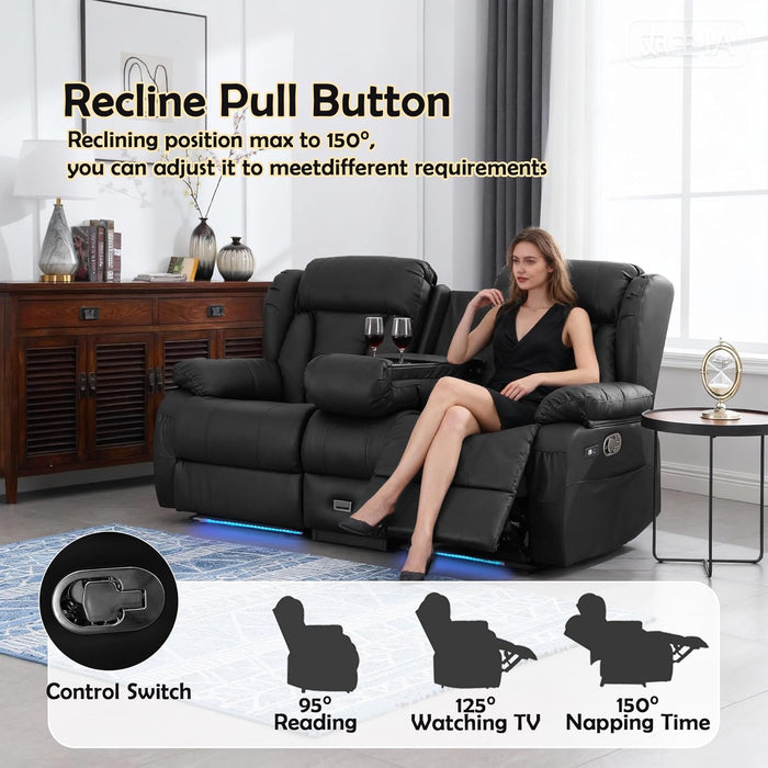 72.8" Loveseat Recliner Sofa, Manual Reclining Couch with Console, AC Outlet & USB-A/USB-C Ports, Wall Hugger RV Sofa for Living Room & Home Theater with Cup Holders (Black Console with LED)