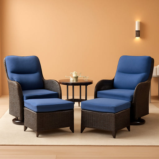 5-Piece Luxury Patio Furniture Set with 6" Thick Cushions, Weather-Resistant Wicker High Back Swivel Rocker Chairs, Senior-Friendly Conversation Set for Small Porch, Deck and Sunroom, Blue(V2)