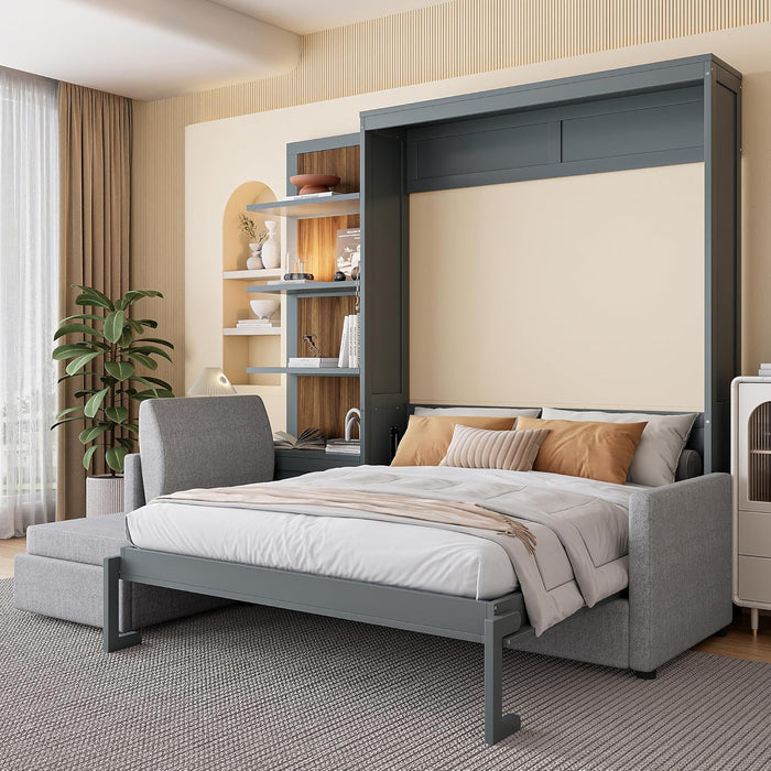 Murphy Bed Queen Size Wall Bed with Sofa,Wood Murphy Bed,Platform Bedfram Chest Can Be Folded,Hideaway Cabinet W/Shelves and Slat Support,Space-Saving Furniture for Study,Office,Gray