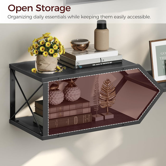 Floating TV Stand with Power Outlet, Wall-Mounted TV Shelf with X-Shaped Frame, Floating Entertainment Center with Storage, for Living Room, Bedroom, Black TVBK301E01