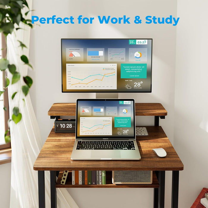 Folding Desk with Adjustable Monitor Stand and Storage Shelf, 24.8In Small Desk with Wheels, Mobile Rolling Table for Small Spaces, Home Office, Walnut