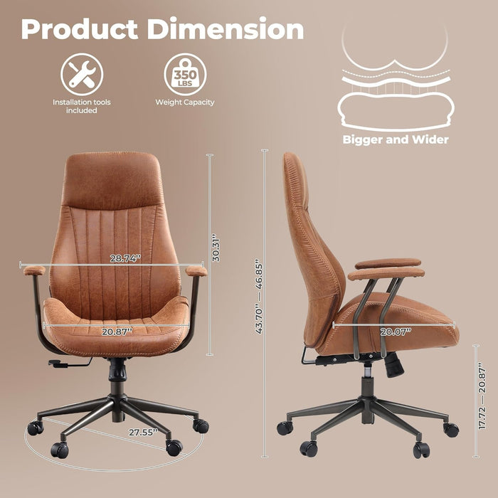 Ergonomic Home Office Chair, Mid-Century Modern Leather Chair with Lumbar Support, High Back Swivel Rolling Executive Chair, Comfy Task Computer Desk Chair (Brown, Suede Leather)