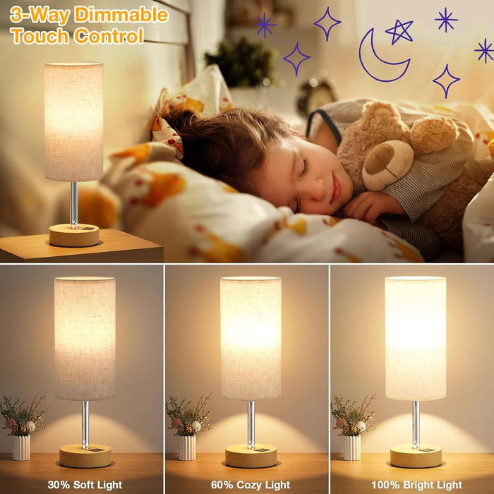Touch Bedside Table Lamp with USB - 3 Way Dimmable Wood Lamp for Bedroom Nightstand, Desk Lamp with Charging Station for Dorm, Living Room, Office, Kids Room, Small, 14In
