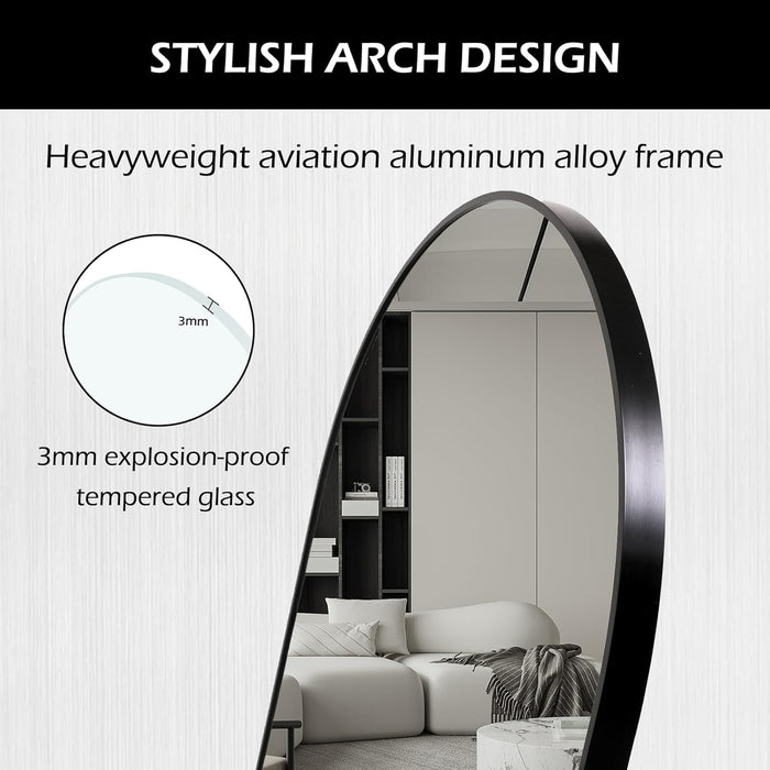 Arched Full Length Floor Mirror, Oval Full Floor Mirror, Large Wall Mounted Arched-Top Body for Living Room, Bedroom, Bathroom, Entryway, Dressing Room (Black, 64 * 21)