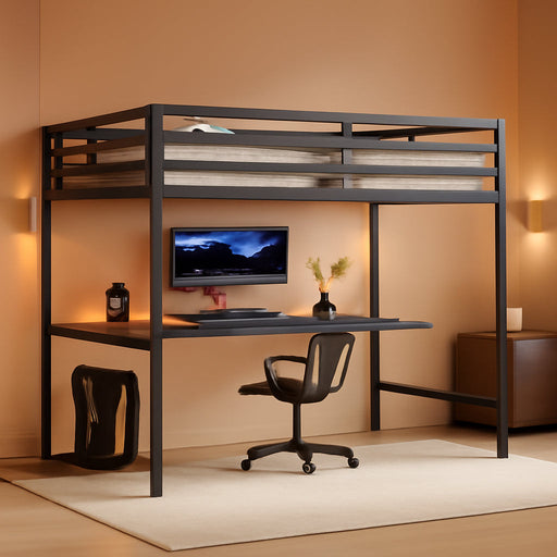 Full Size Metal Loft Bed with Desk and LED Lights,Heavy Duty Loft Bed Frame with Charging Station and USB for Kids,Teens,Adults,Full Size,Black