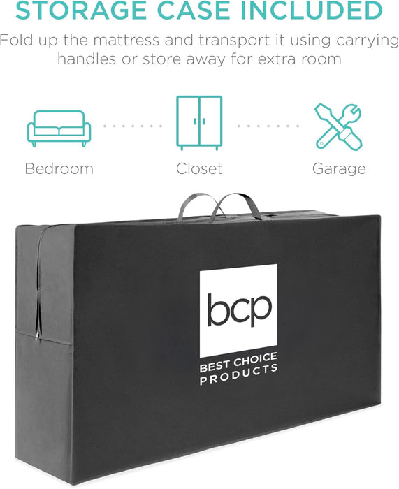 4In Portable Twin-Size Mattress, Tri-Fold Mattress for Camping, Guest, Toddler, Foam Plush W/Carry Case - Grey