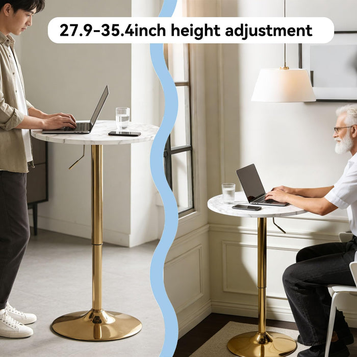 Round Cocktail Table Gold Height Adjustable 27.9''-35.4'' Pub Bar Table with Metal Base, Modern Sturdy Stylish for Kitchen, Dining Room, Office, Home Bar