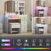 App & Button Controlled RGB Vanity with Arc Mirror, Small Makeup Vanity Table Set with Drawers & Chair, 3 Lighting Modes & Adjustable Brightness with Power Outlet, Vanity for Women Girls Bedroom