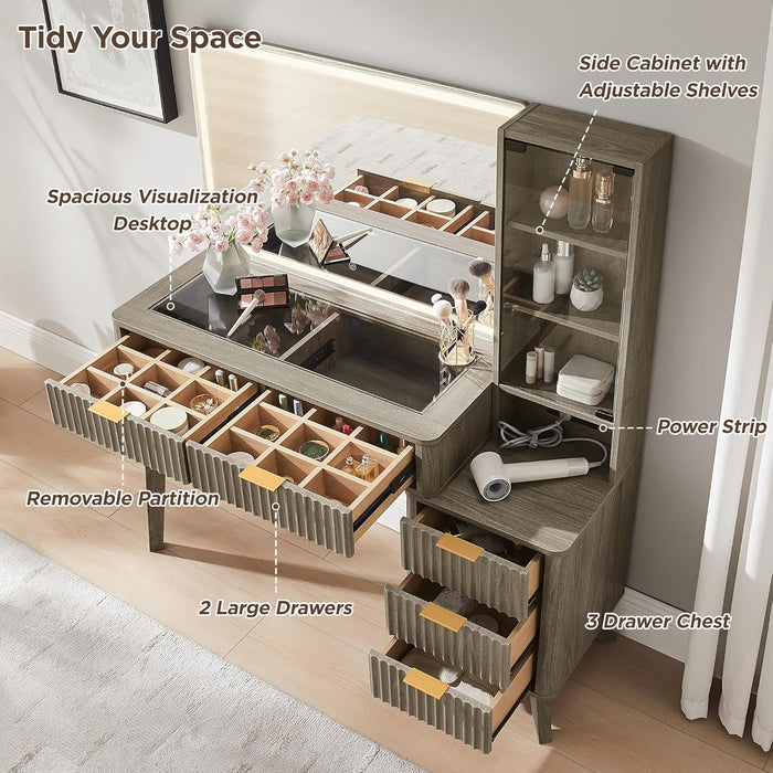 48" Fluted Makeup Vanity Desk with Large 36" Mirror and Lights, Modern Glass Top Big Vanity Table W/5 Drawers & Adjustable Shelves, Dressing Table W/Charging Station for Bedroom, Grey Alder