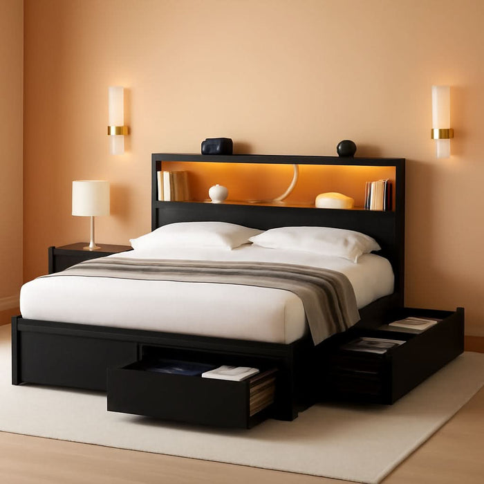 Queen Storage Bed Frame with 6 Drawers, USB Charging Station, No Noise, No Box Spring Required, Vintage Black Headboard Platform Bed