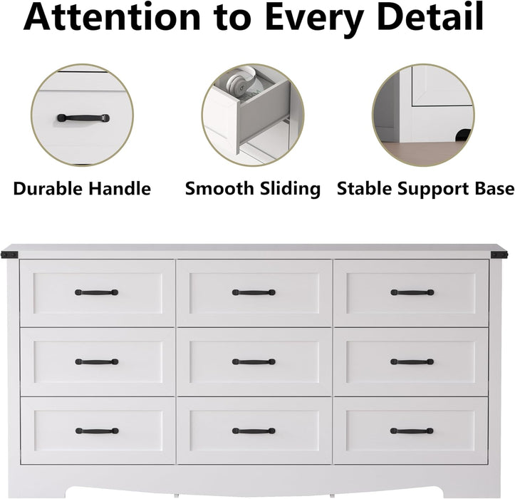 White Dresser for Bedroom, 59'' Wide Wooden Chest of Drawers with Natural Wood Texture, 9 Drawer Dresser for Closet with Metal Handles, Sleek Storage Solution for Living Room, Office, Hallway