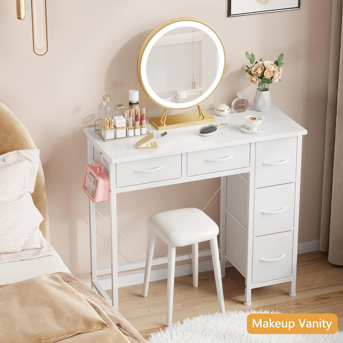 33" Small Computer Desk with 5 Fabric Drawers, White, 14.2" D