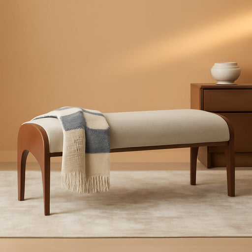 Modern 51" Wide Ottoman Bench, Long Entryway Bedroom Bench with Solid Wood Legs and Sherpa Upholstered Dining Bench Storage Bench for Living Room Indoor, Kitchen, Beige