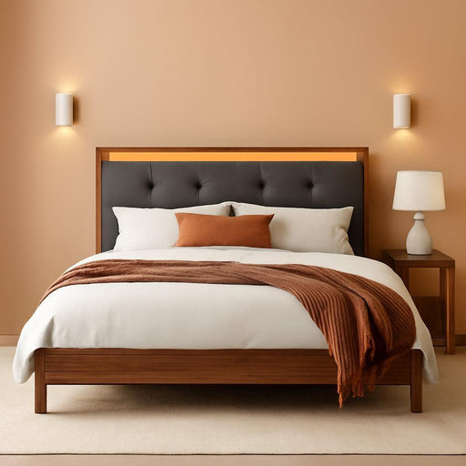 Wooden King Size Bed Frame with Charging Station and LED Lights, King Bed Frame with Upholstered Headboard, No Box Spring Needed, No Noise, Easy Assembly.