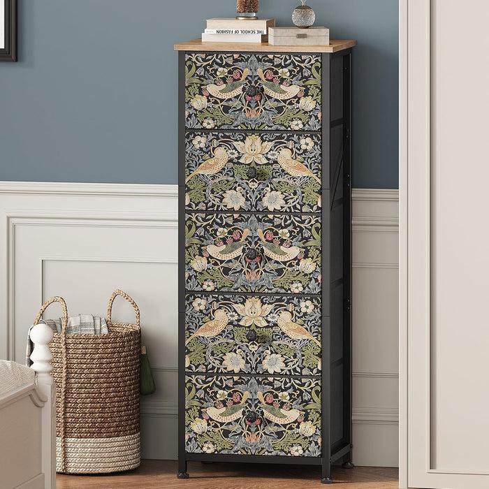 Dresser with 5 Fabric Drawers Strawberry Thief Drawer Dresser for Bedroom Vintage Nightstand Dressers & Chests of Drawer for Halfway Entryway Living Room Sturdy Steel Frame Wood Top, Brown