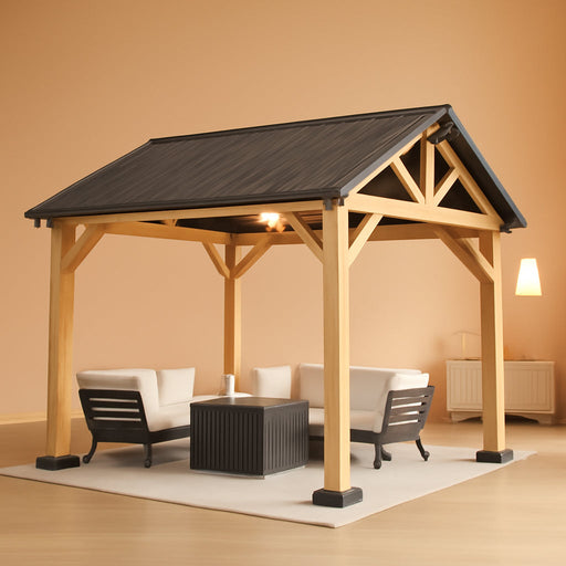 10' X 12' Outdoor Wood Gazebo, Hardtop Gazebo Permanent Wooden Pavilion with Gable Galvanized Steel Roof for Patio, Garden, Backyard, Natural