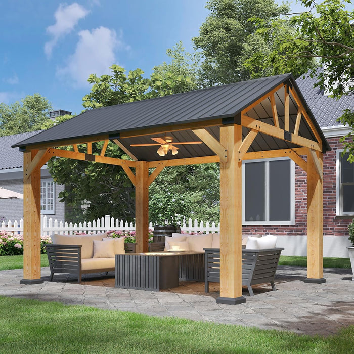 10' X 12' Outdoor Wood Gazebo, Hardtop Gazebo Permanent Wooden Pavilion with Gable Galvanized Steel Roof for Patio, Garden, Backyard, Natural