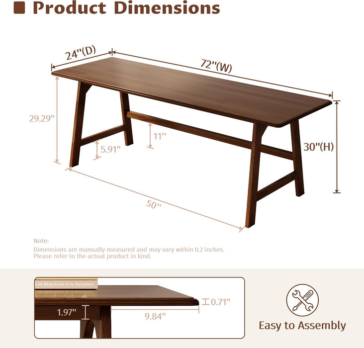 Solid Wood Writing Table - 72"W Minimalist Long Computer Desk, Walnut