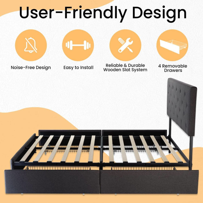 Upholstered Queen Size Platform Bed Frame with 4 Storage Drawers, Adjustable Headboard with Diamond Stitched Button Tufted Design, Wooden Slat Support, No Box Spring Needed, Dark Grey