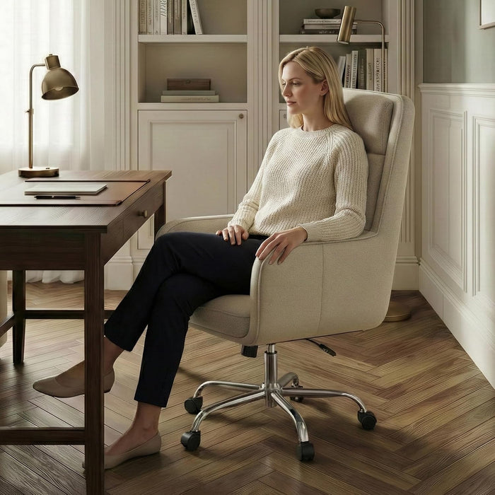 Cocoon Modern Executive High Back Home Office Chair, Upholstered Desk Chair with Wheels, Vanity Chair with Head and Lumbar Support, Armrest (Beige)