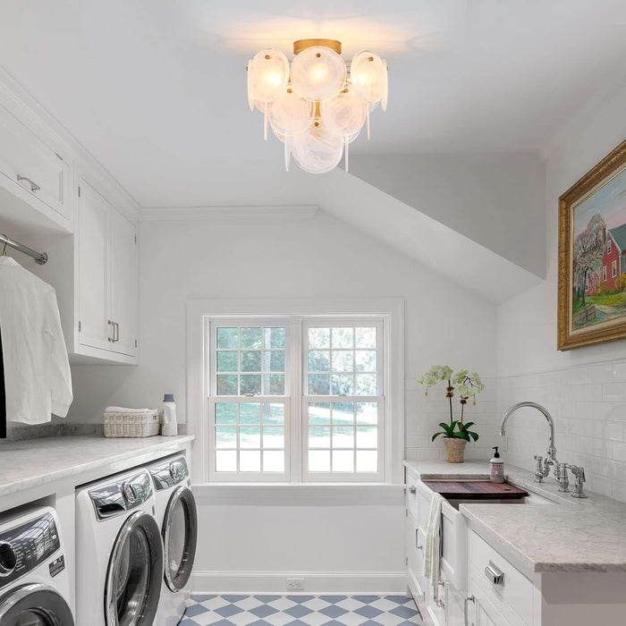 Modern Flush Mount Glass Ceiling Light, Gold Hallway Lights Vintage Chandelier, 4-Light Unique Light Fixture for Bedroom Entryway Loft Kitchen Laundry Bathroom Farmhouse