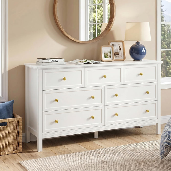 55" White Dresser for Bedroom with 7 Drawers & Modern Gold Handle