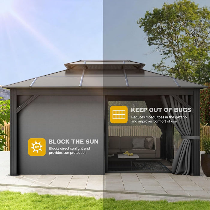 10X12Ft Gazebo Hardtop Double Roof Polycarbonate Canopy Outdoor with Netting and Shaded Curtains, Metal Frame Garden Tent for Patio, Backyard, Deck and Lawns, Gray