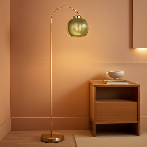 Gold Arc Floor Lamp for Living Room, Modern Standing Lamp with Green Ribbed Glass Lampshade, 67” Tall Lamp for Bedroom Study Room Office (2700K Bulb Included) (Gold & Green)