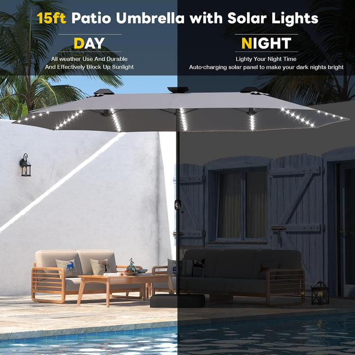 15Ft Double-Sided Patio Umbrella with Solar Lights, Outdoor Rectangle Market Large Patio Umbrella with Base Include|Crank Handle|156 PCS LED Lights for Garden Deck Pool in Grey(1.9" Pole)
