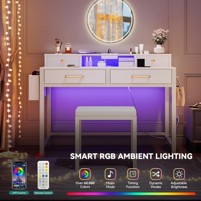 Vanity Desk with Lighted Strip & Charging Station, Makeup Table with 4 Drawers and Padded Stool, Mirror Not Included