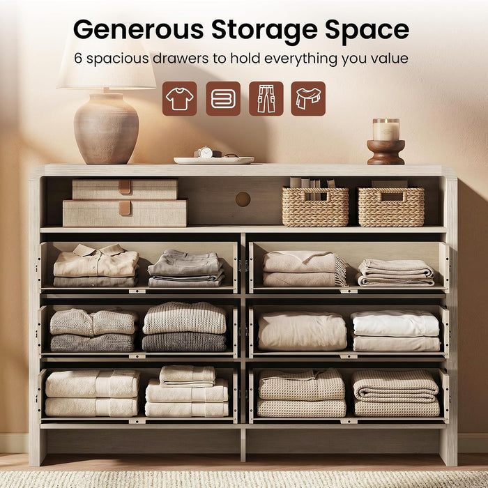 53.2" Fluted 6 Drawer Dresser with Open Shelf, Grey