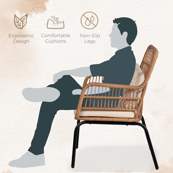 3 Pieces Outdoor Wicker Bistro Patio Furniture Set, Porch Furniture Rattan Conversation Sets with Side Table and Cushions for Garden Poolside Backyard, Yellow/Beige