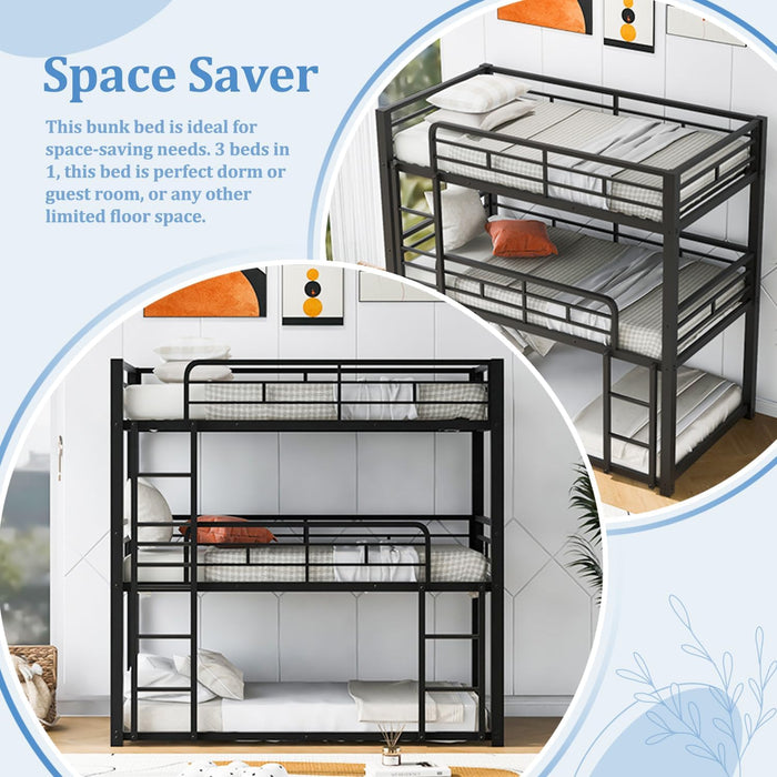 Metal Bunk Bed with Trundle,Twin over Twin Bunk Bed Frame with Ladder and Safety Rails for Triple Metal Bunk Can Be Divided into Two Beds (Black-Twin over Twin over Twin)