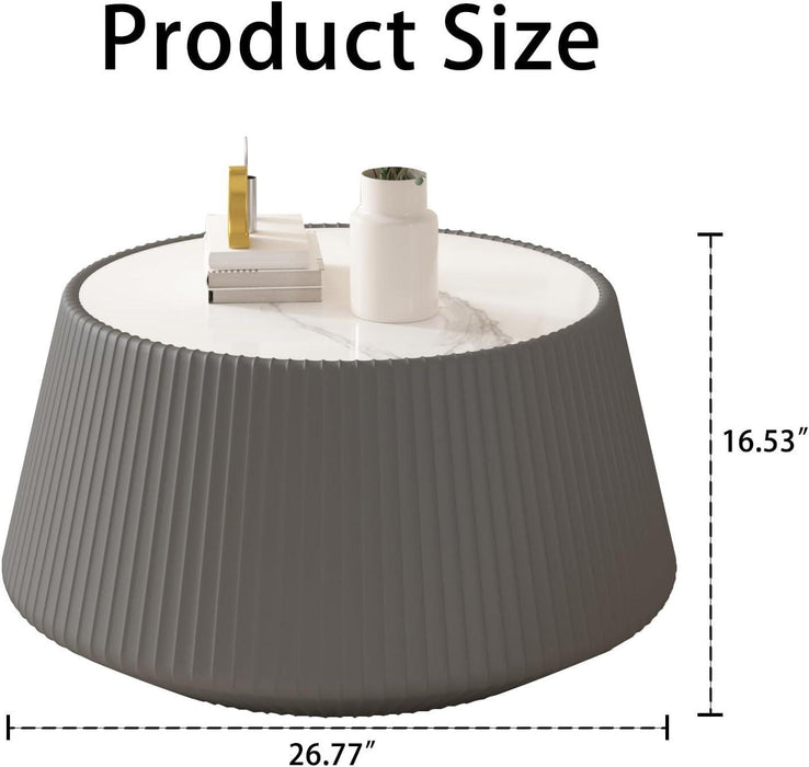 Grey round Coffee Table with Sintered Stone Tabletop, 26.77" Drum Coffee Table with Fluted PU Leather Covered and Stable Base, Circle Cocktail Tea Table for Living Room