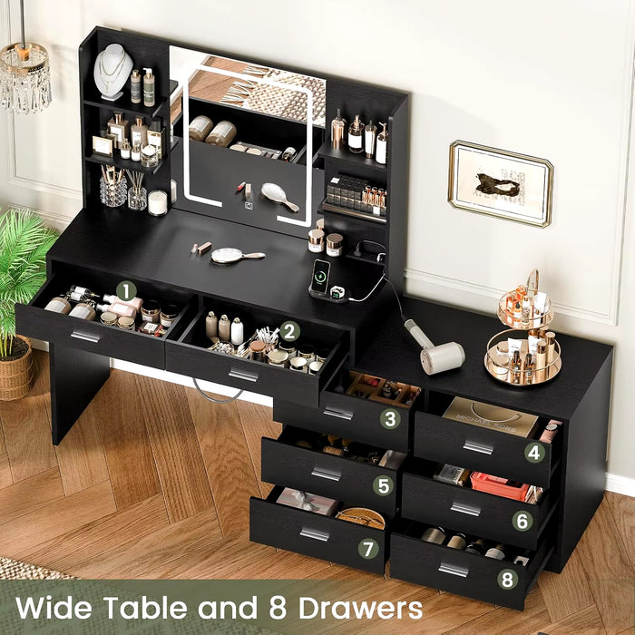 Vanity Desk with LED Mirror Modern Corner Makeup Table with 8 Drawers & Storage Shelves