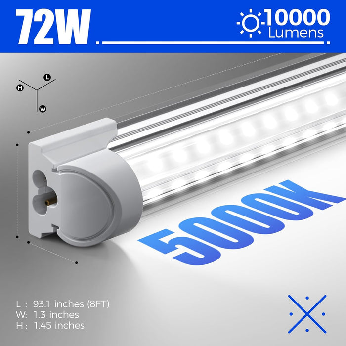 LED Shop Light, 8FT 72W 10000LM 5000K, Daylight White, V Shape, Clear Cover, Hight Output, Linkable, T8 LED Tube Lights, for Garage 8 Foot with Plug (Pack of 10)