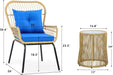 3-Piece Outdoor Patio Furniture Wicker Bistro Set, All-Weather Rattan Conversation Chairs for Backyard, Balcony and Deck with Soft Cushions, Glass Side Table (Light Brown+Navy Blue)