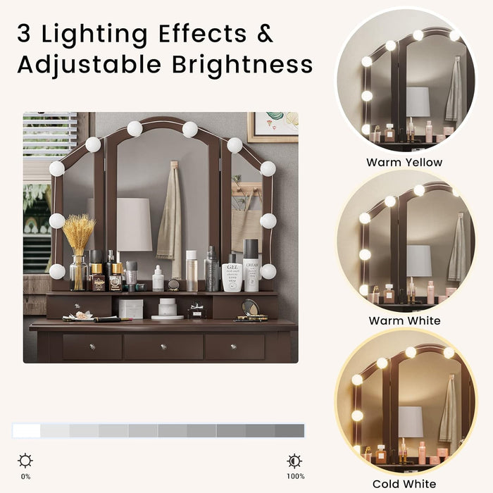 Vanity Desk, Makeup Vanity Set with Lighted Mirror and Stool, Dressing Table with 5 Drawers, 3 Light Settings & Adjustable Brightness, Espresso