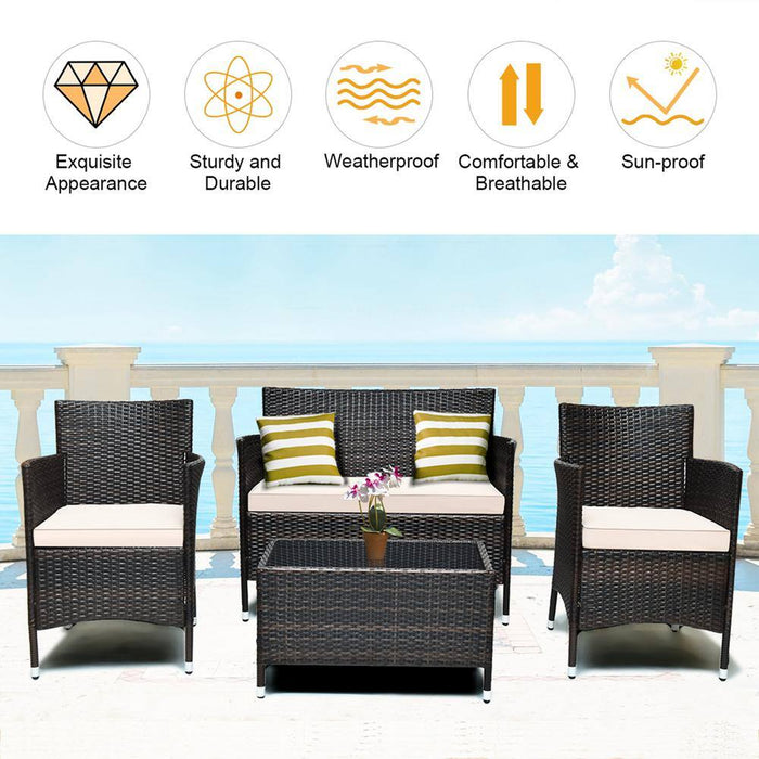 4-Piece Wicker Patio Conversation Furniture Set Sofa Chair with Brown and Grey Cushions Garden