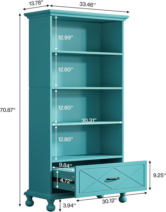 6-Shelf Bookcase with Drawer, 71 Inch Tall Floor Standing Bookshelf with Solid Wood Legs, 6-Tier Large Open Display Storage Book Shelf for Living Room, Home Office, Ocean Blue