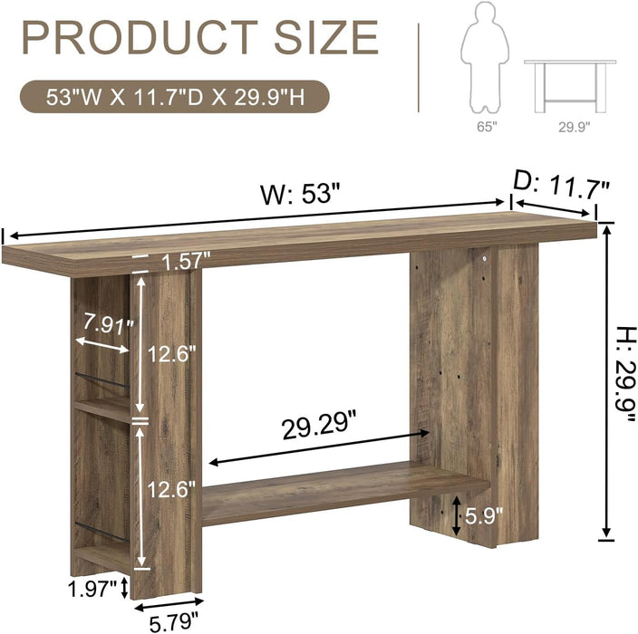 53 Inch Long Entryway Table, 2-Tier Wood Console Table with Storage Side Shelves, Farmhouse Sofa Table for Living Room, Narrow Hallway Foyer Table behind Couch for Home Decor, Rustic Oak