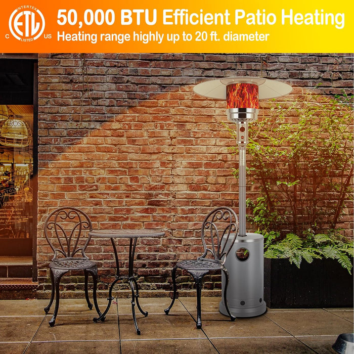 50,000 BTU Propane Patio Heater, Stainless Steel Burner, Triple Protection System, Wheels, Outdoor Heaters for Patio, Garden, Commercial and Residential, Silver