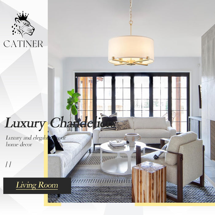 Modern Drum Chandelier 18” White and Gold Pendant Light Fixture round Fabric Shade 4 Lights Semi Flush Mount Hanging Ceiling Chandelier for Dining Room Bedroom