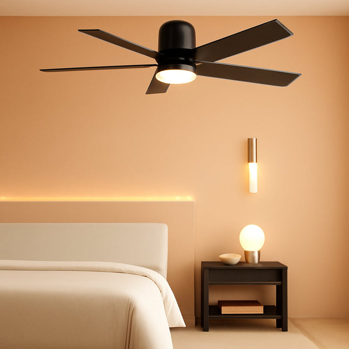 52 Inch Ceiling Fans with Lights and Remote,Flush Mount Black Ceiling Fan with 5 Blades,6 Speed Reversible DC Motor,3Cct Dimmable Led-Low Profile Design for Bedroom, Living Room & Covered Outdoor