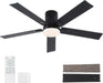 52 Inch Ceiling Fans with Lights and Remote,Flush Mount Black Ceiling Fan with 5 Blades,6 Speed Reversible DC Motor,3Cct Dimmable Led-Low Profile Design for Bedroom, Living Room & Covered Outdoor