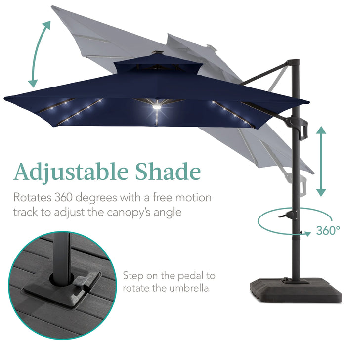 10X10Ft 2-Tier Square Outdoor Solar LED Cantilever Patio Umbrella W/ Base Included - Navy Blue