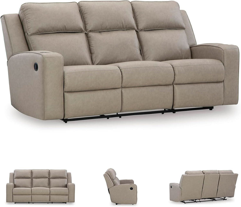 Lavenhorne Contemporary Faux Leather Manual Reclining Sofa with Drop down Table, Cup Holders and USB Ports, Beige